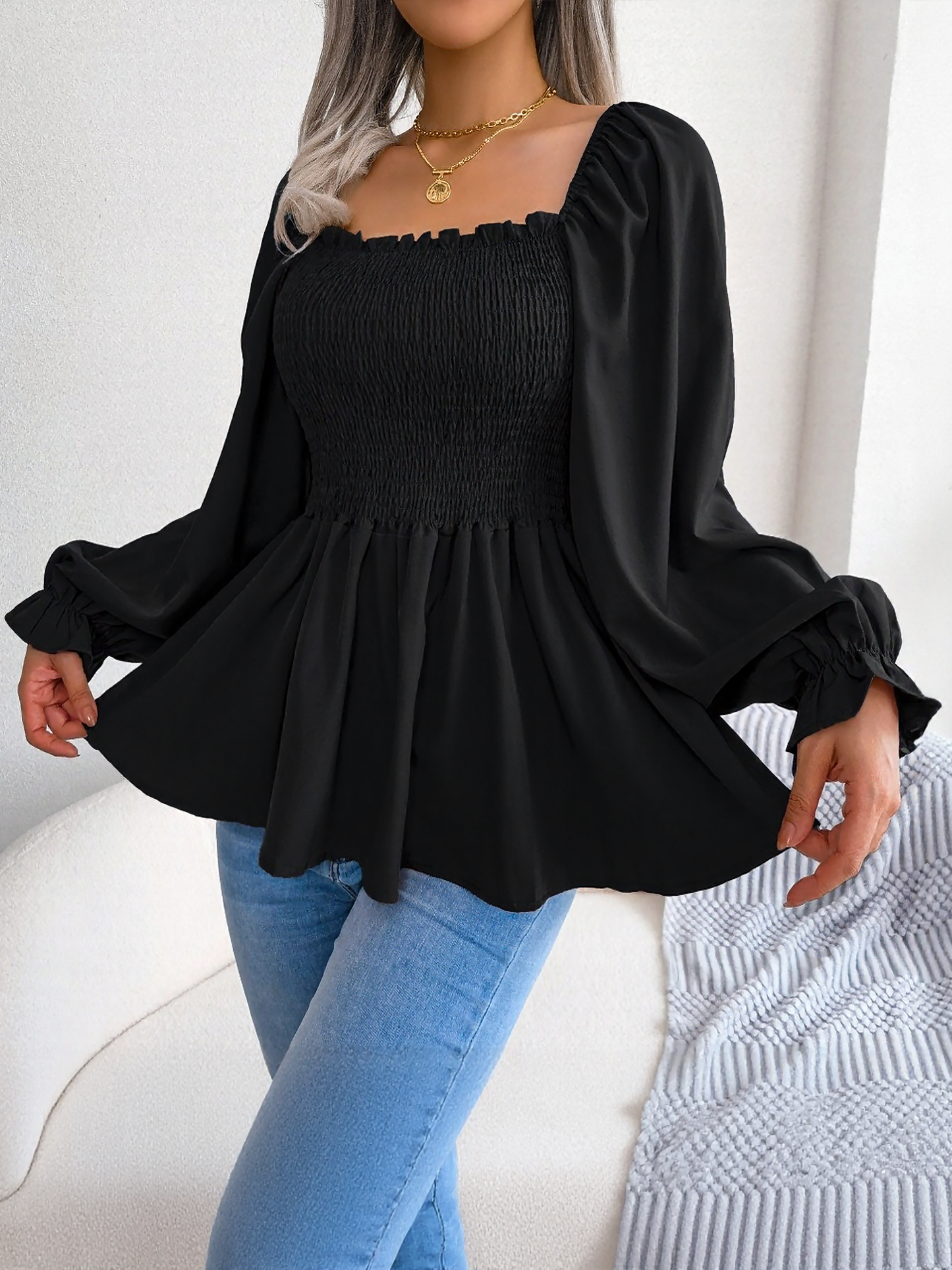 Ruffle Square Neck Smocked Long Sleeves Peplum Blouse