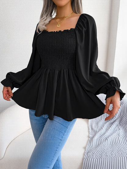 Ruffle Square Neck Smocked Long Sleeves Peplum Blouse