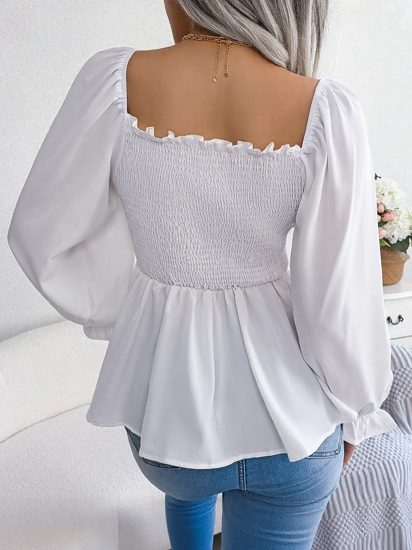 Ruffle Square Neck Smocked Long Sleeves Peplum Blouse