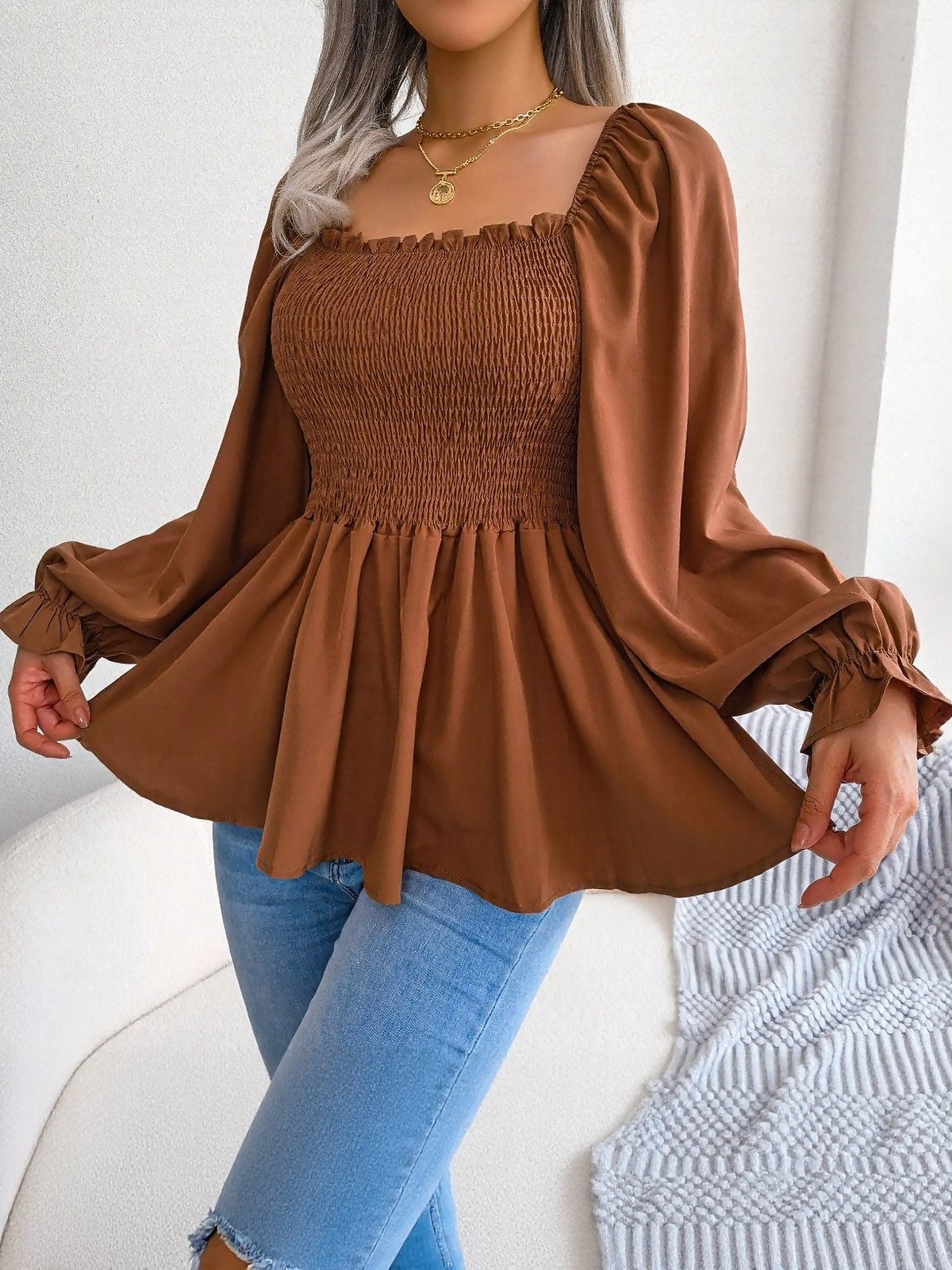 Ruffle Square Neck Smocked Long Sleeves Peplum Blouse