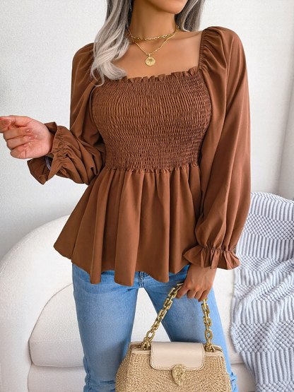 Ruffle Square Neck Smocked Long Sleeves Peplum Blouse