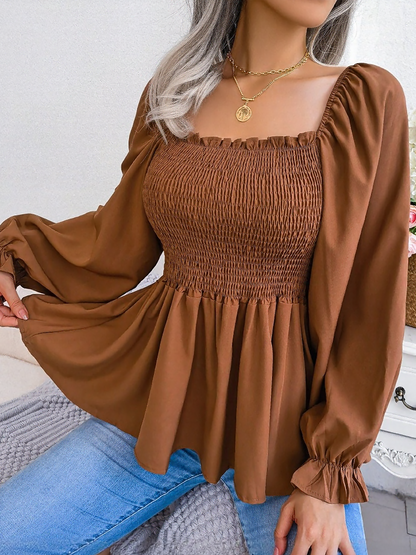 Ruffle Square Neck Smocked Long Sleeves Peplum Blouse