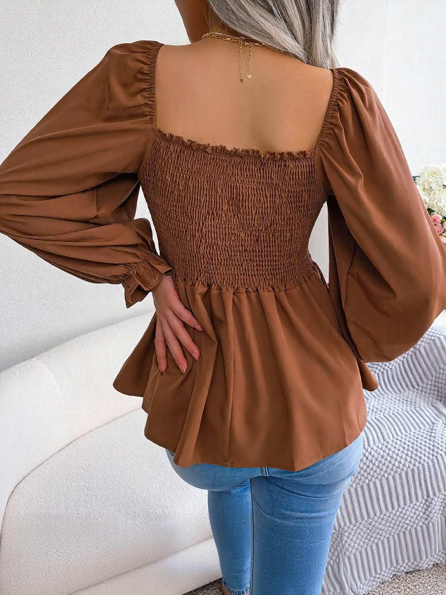 Ruffle Square Neck Smocked Long Sleeves Peplum Blouse