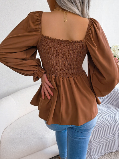Ruffle Square Neck Smocked Long Sleeves Peplum Blouse