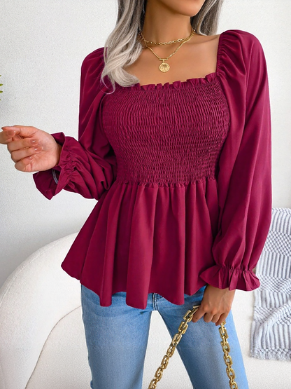 Ruffle Square Neck Smocked Long Sleeves Peplum Blouse