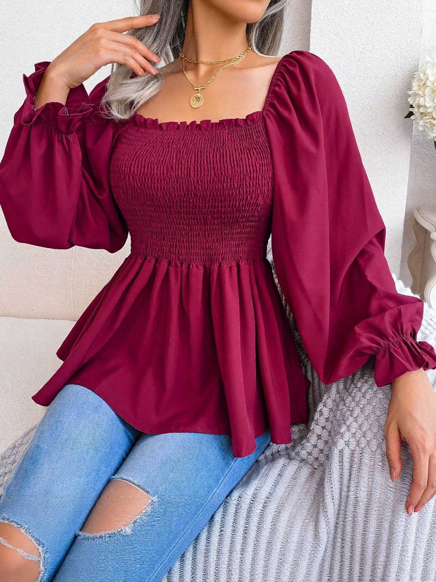 Ruffle Square Neck Smocked Long Sleeves Peplum Blouse