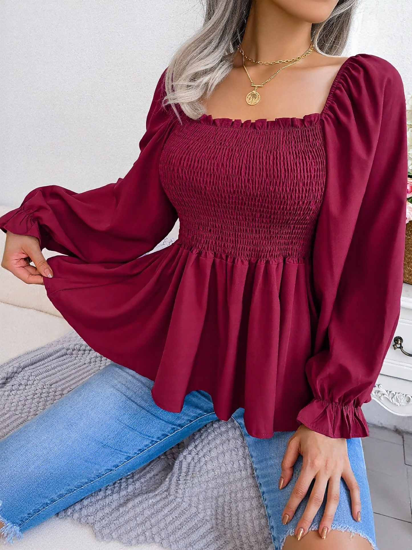 Ruffle Square Neck Smocked Long Sleeves Peplum Blouse