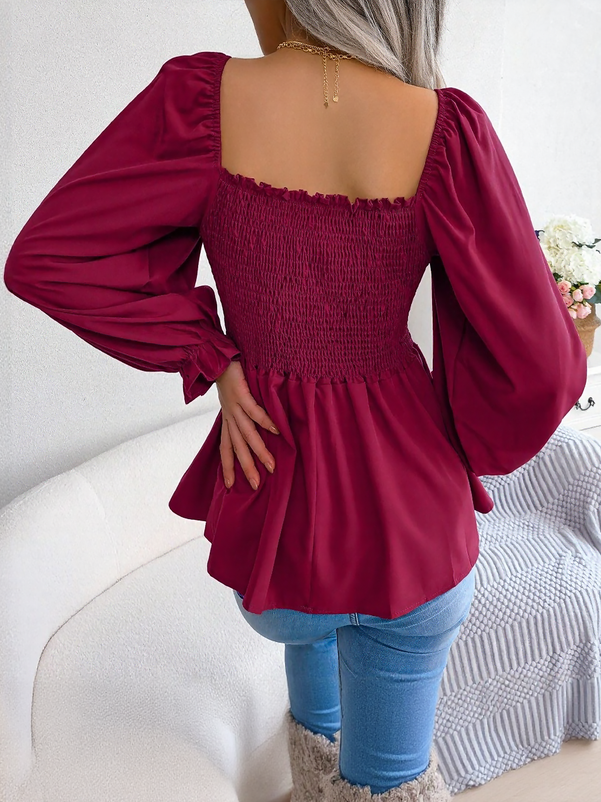 Ruffle Square Neck Smocked Long Sleeves Peplum Blouse