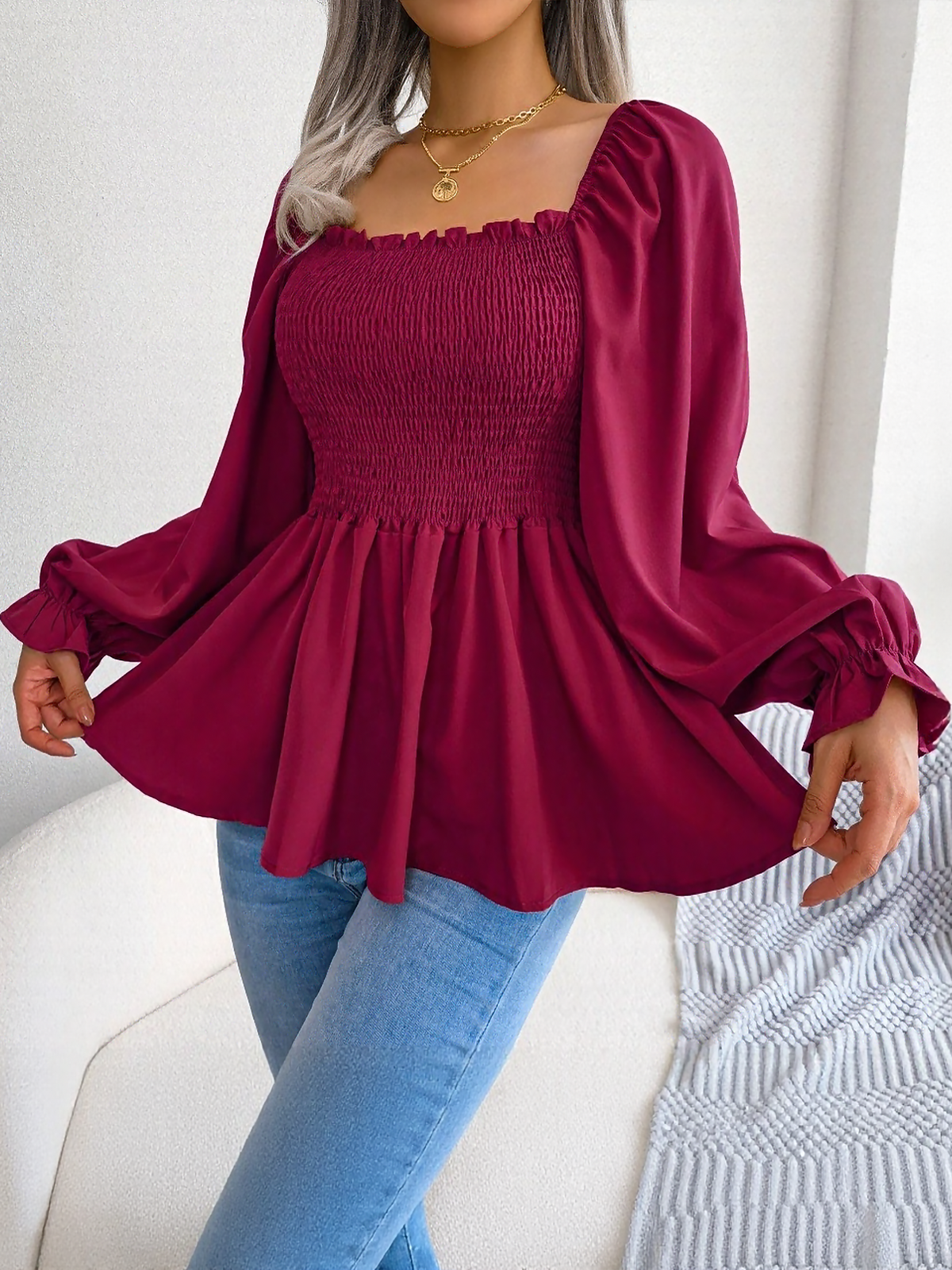 Ruffle Square Neck Smocked Long Sleeves Peplum Blouse