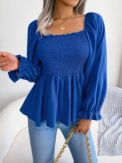Ruffle Square Neck Smocked Long Sleeves Peplum Blouse