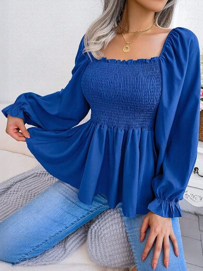 Ruffle Square Neck Smocked Long Sleeves Peplum Blouse