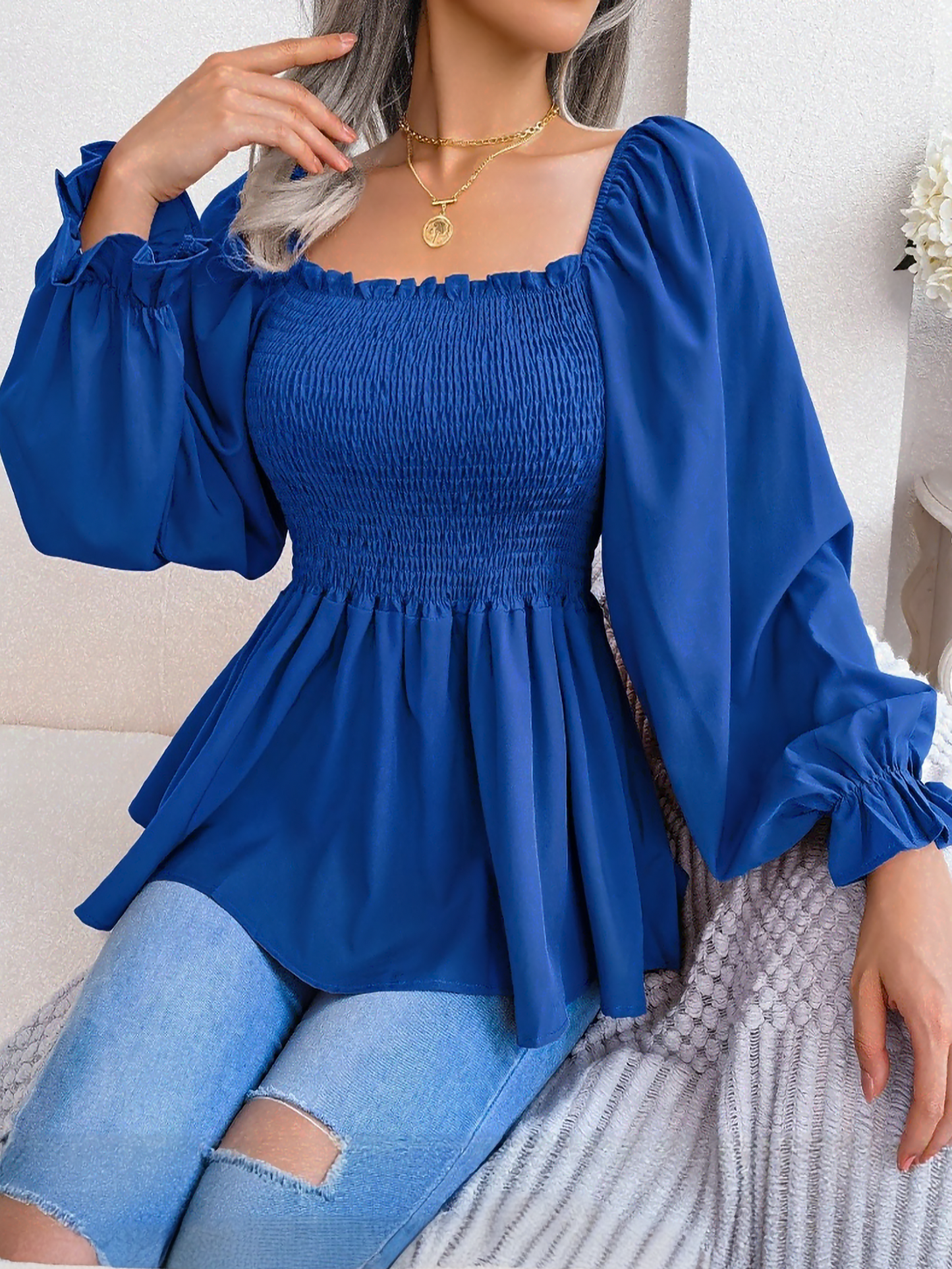 Ruffle Square Neck Smocked Long Sleeves Peplum Blouse