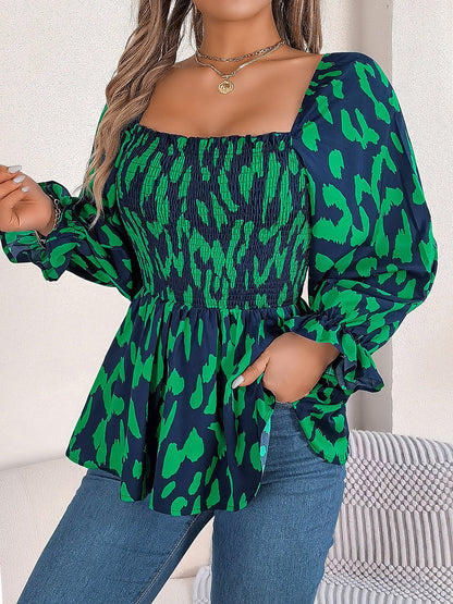 Square Neck Leopard Print Smocked Peplum Blouse