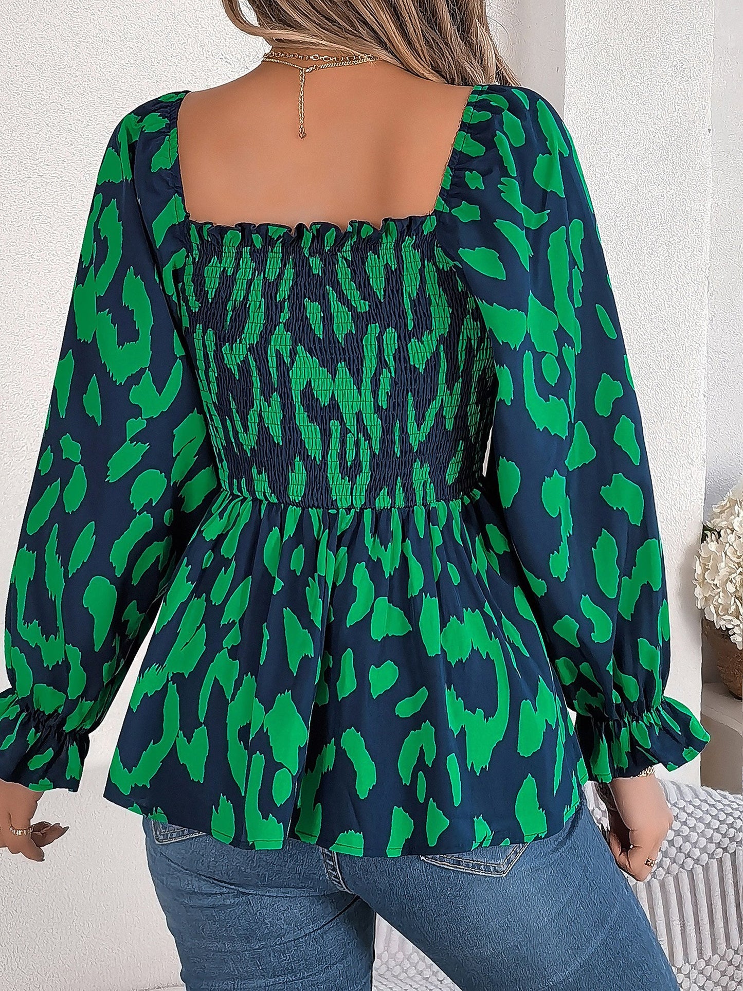 Square Neck Leopard Print Smocked Peplum Blouse