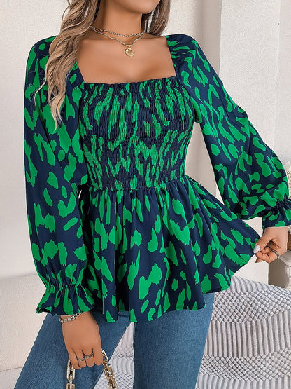 Square Neck Leopard Print Smocked Peplum Blouse