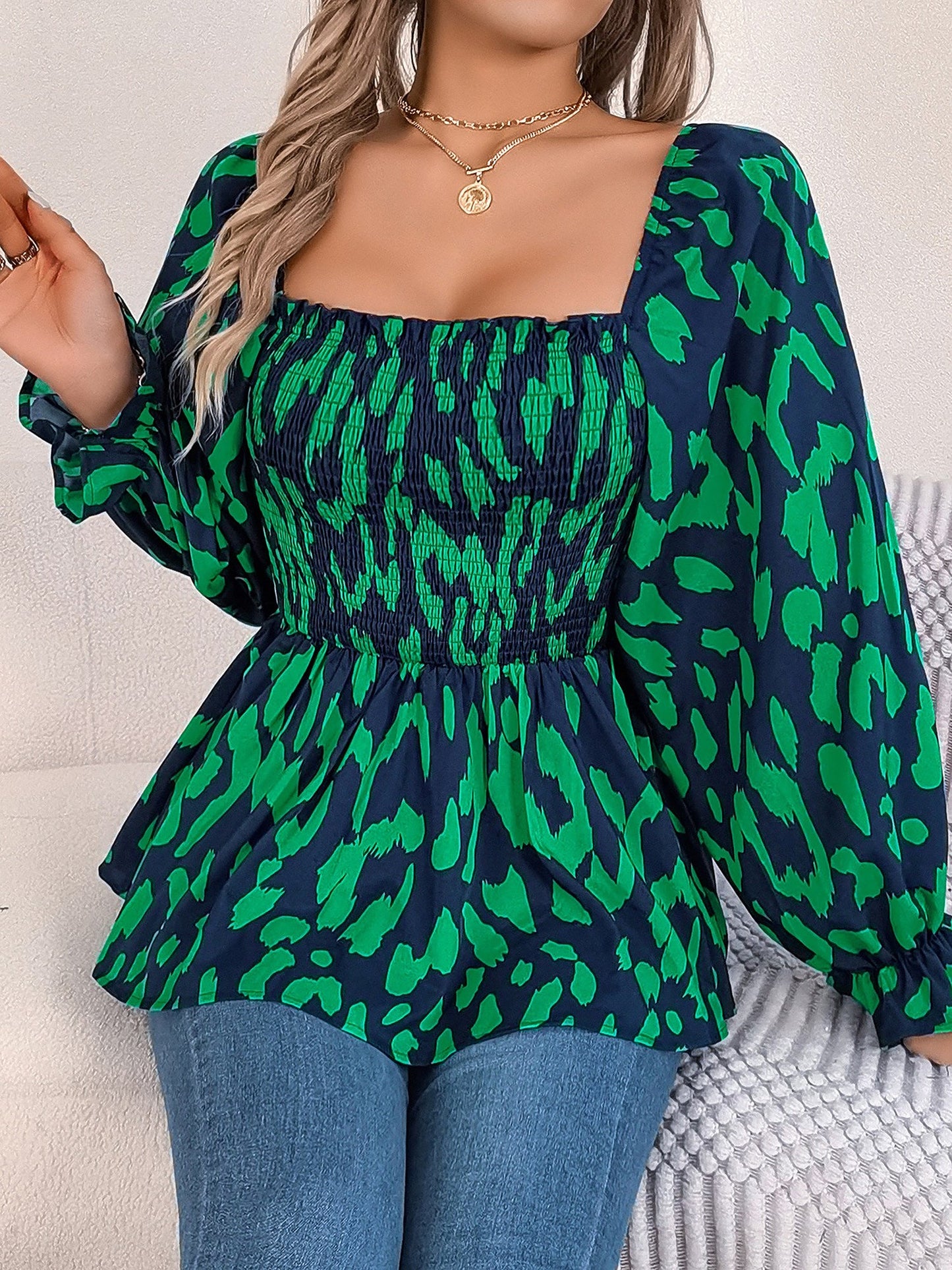 Square Neck Leopard Print Smocked Peplum Blouse