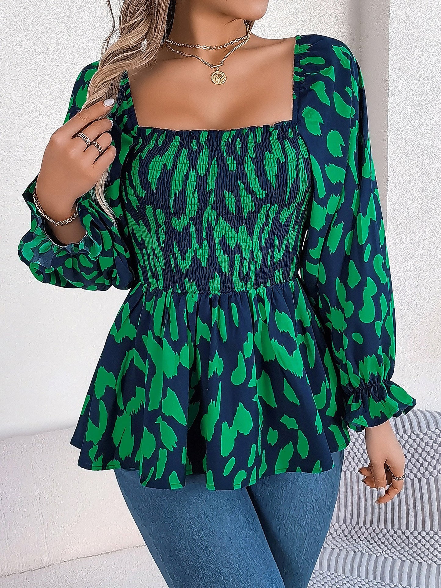 Square Neck Leopard Print Smocked Peplum Blouse