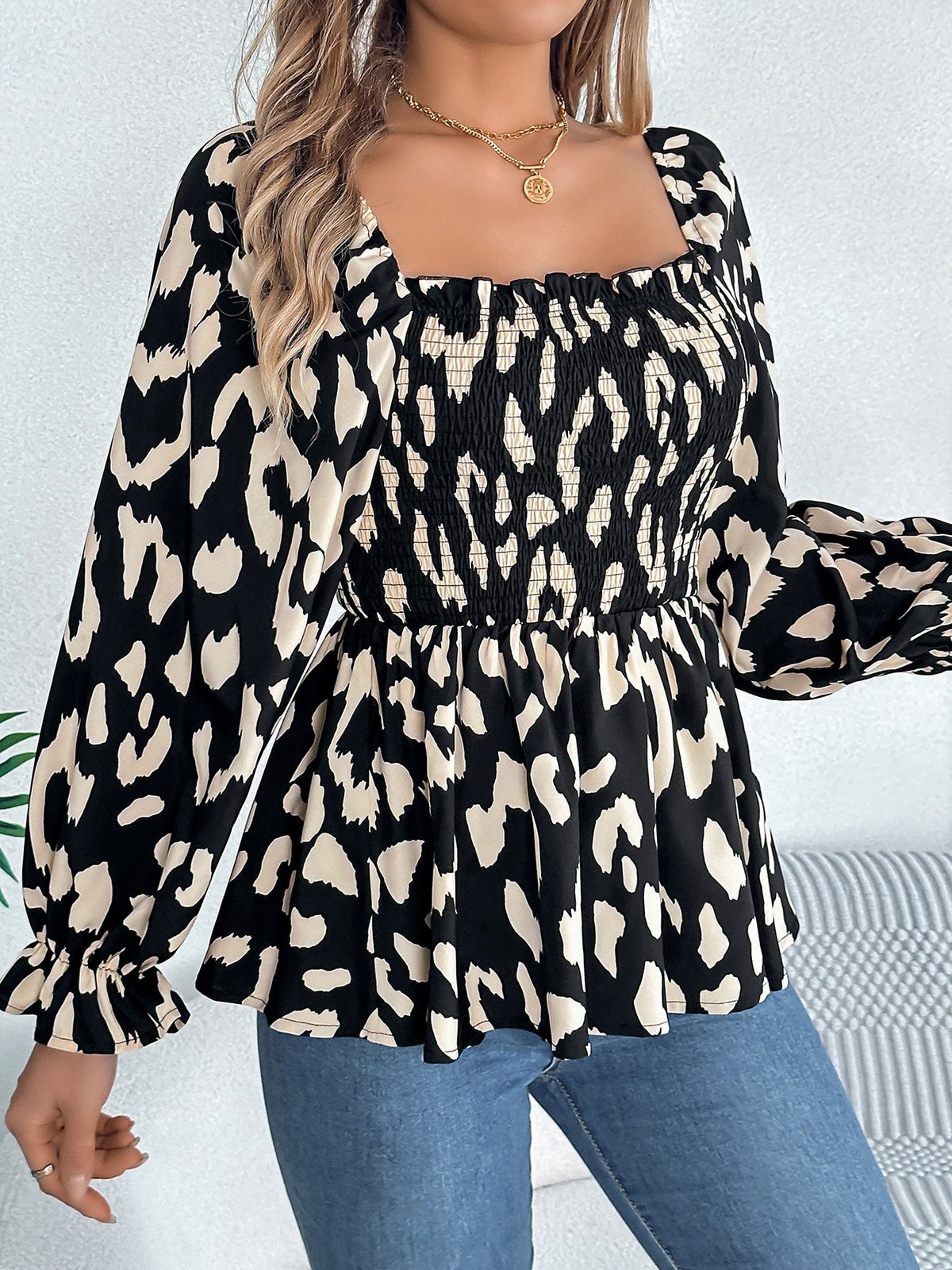 Square Neck Leopard Print Smocked Peplum Blouse