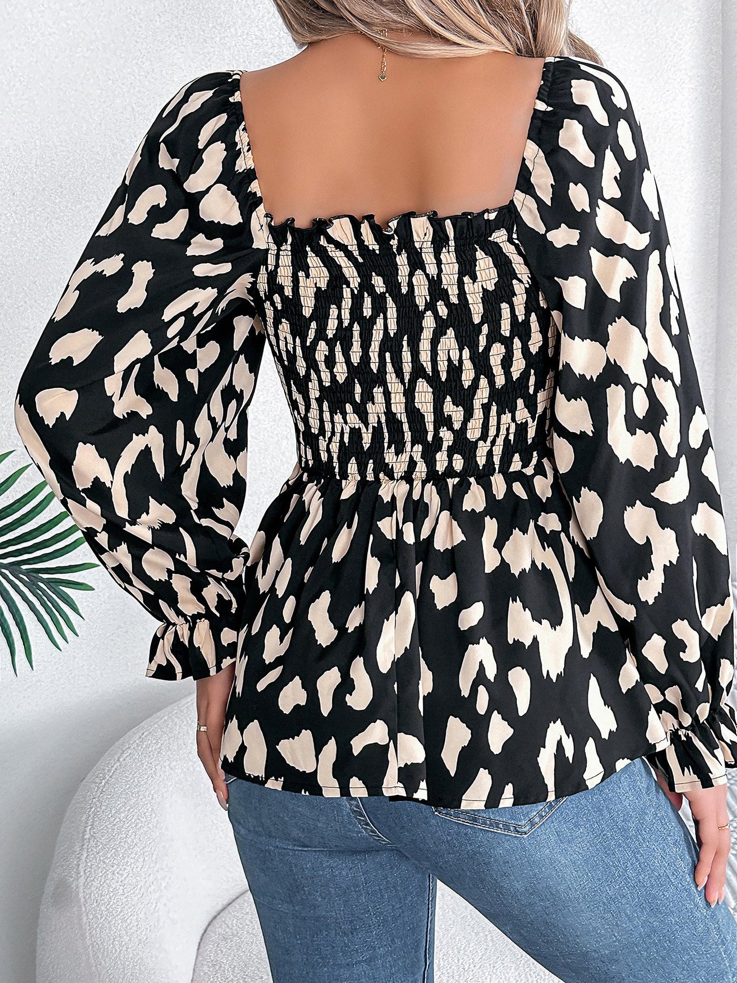 Square Neck Leopard Print Smocked Peplum Blouse