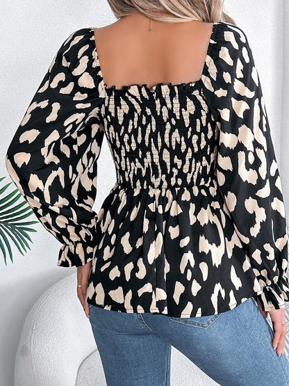 Square Neck Leopard Print Smocked Peplum Blouse
