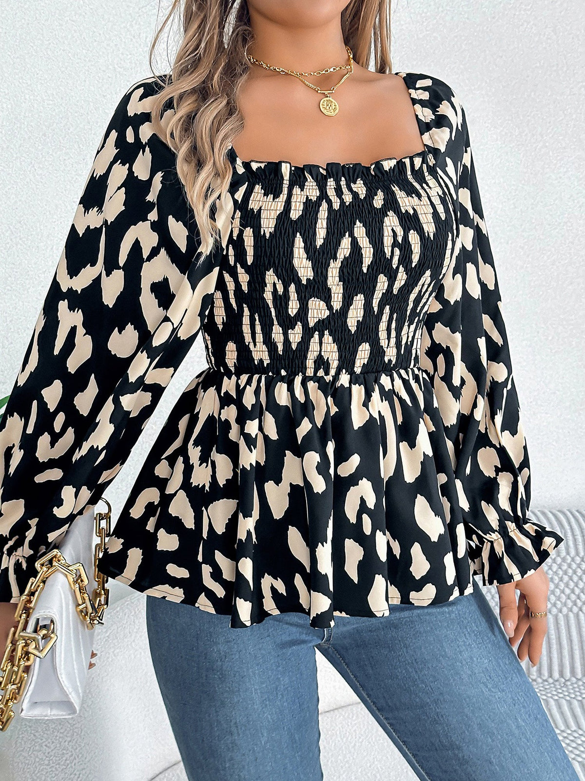 Square Neck Leopard Print Smocked Peplum Blouse