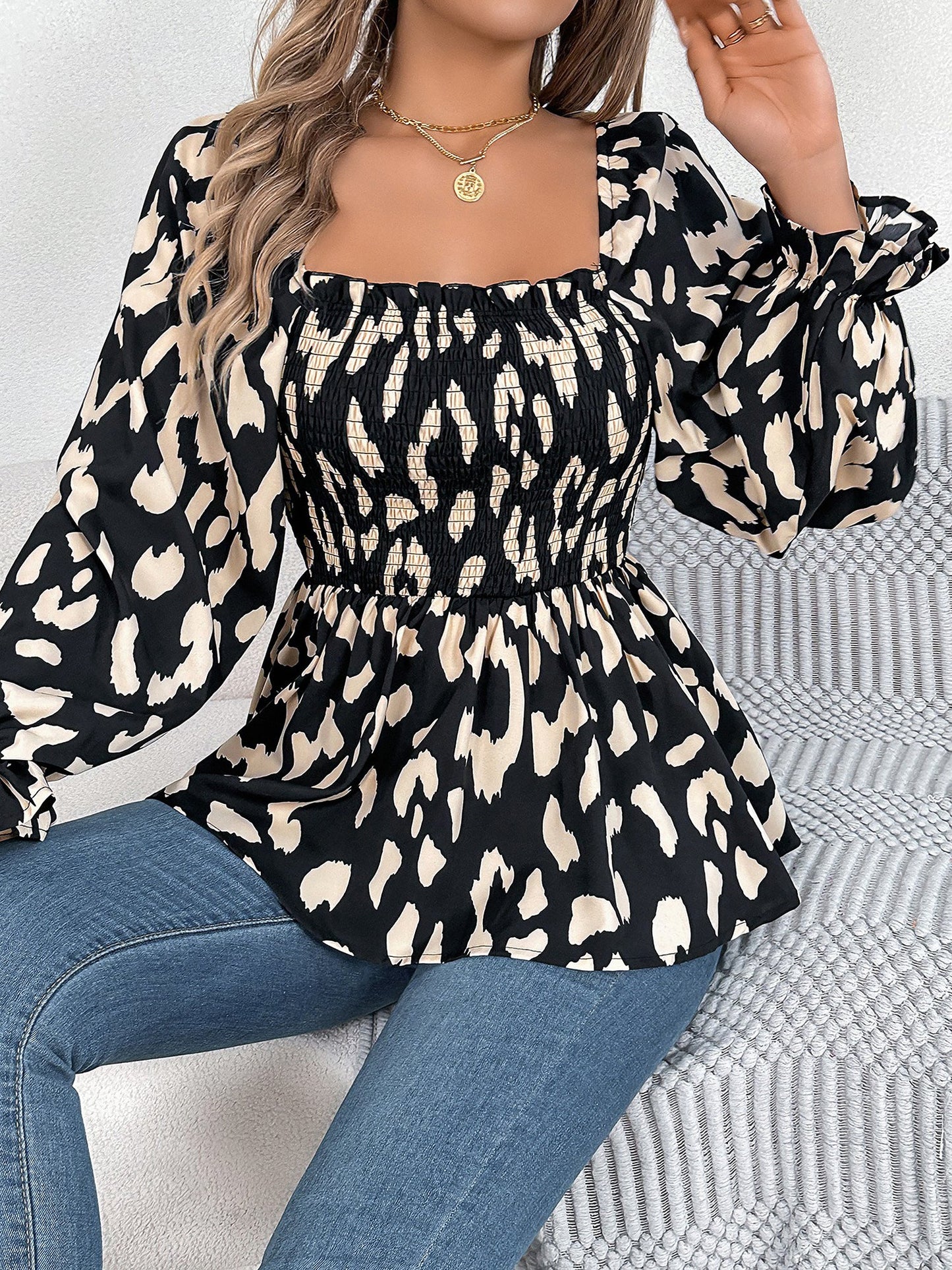 Square Neck Leopard Print Smocked Peplum Blouse