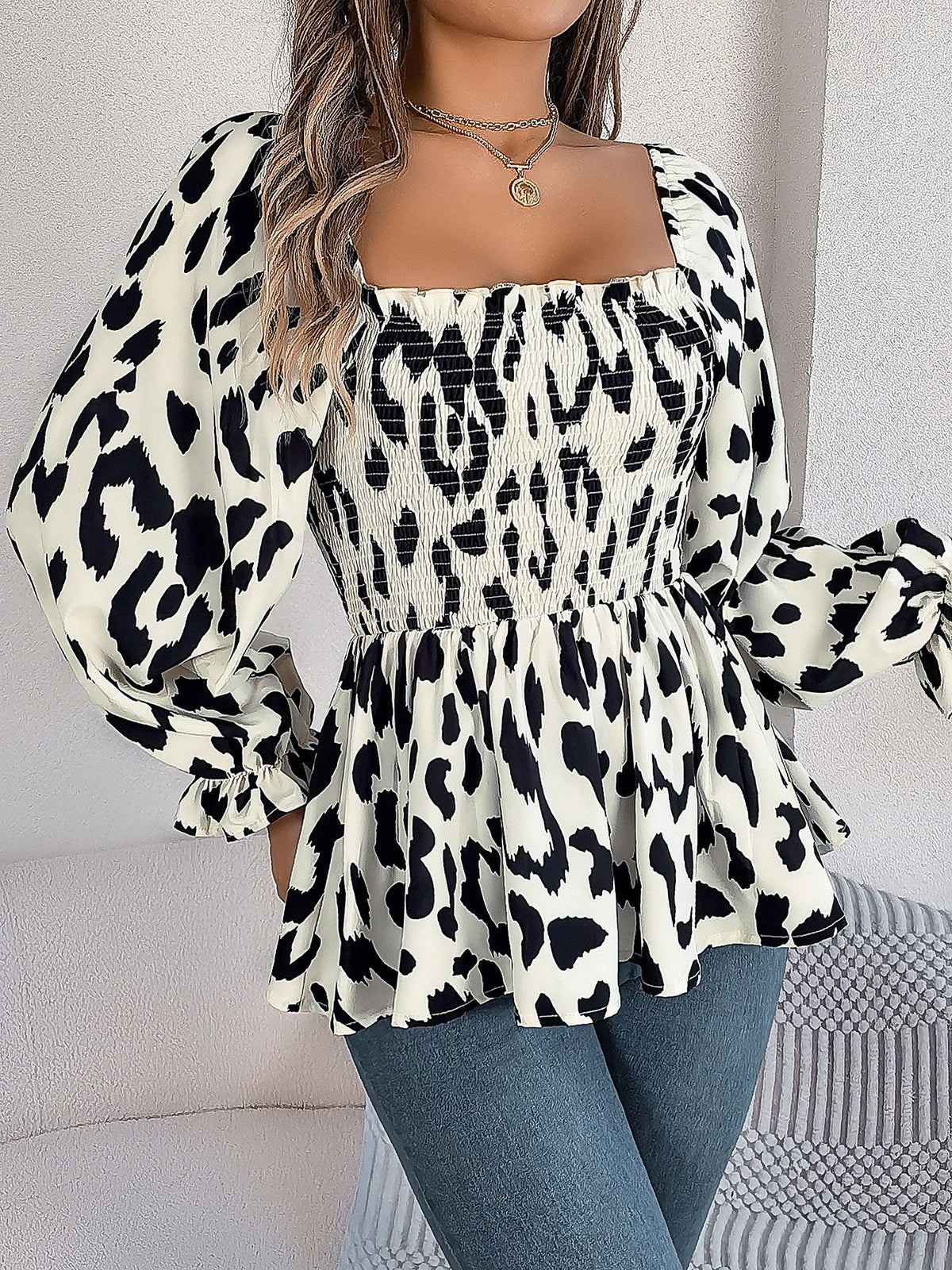 Square Neck Leopard Print Smocked Peplum Blouse