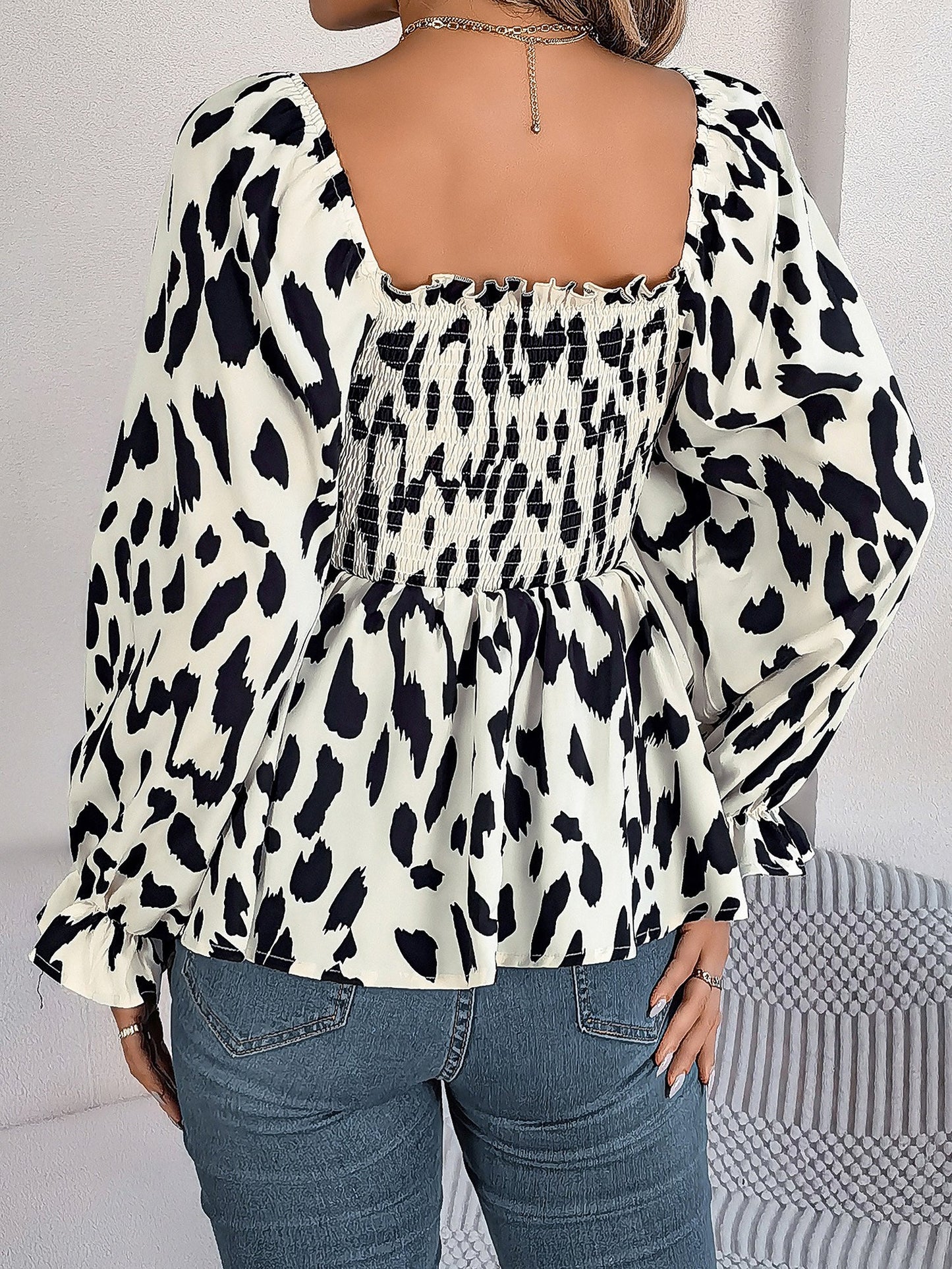 Square Neck Leopard Print Smocked Peplum Blouse