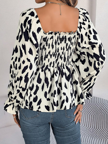 Square Neck Leopard Print Smocked Peplum Blouse