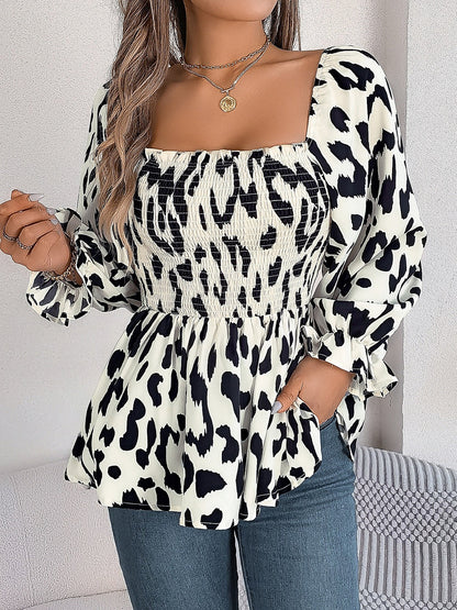 Square Neck Leopard Print Smocked Peplum Blouse