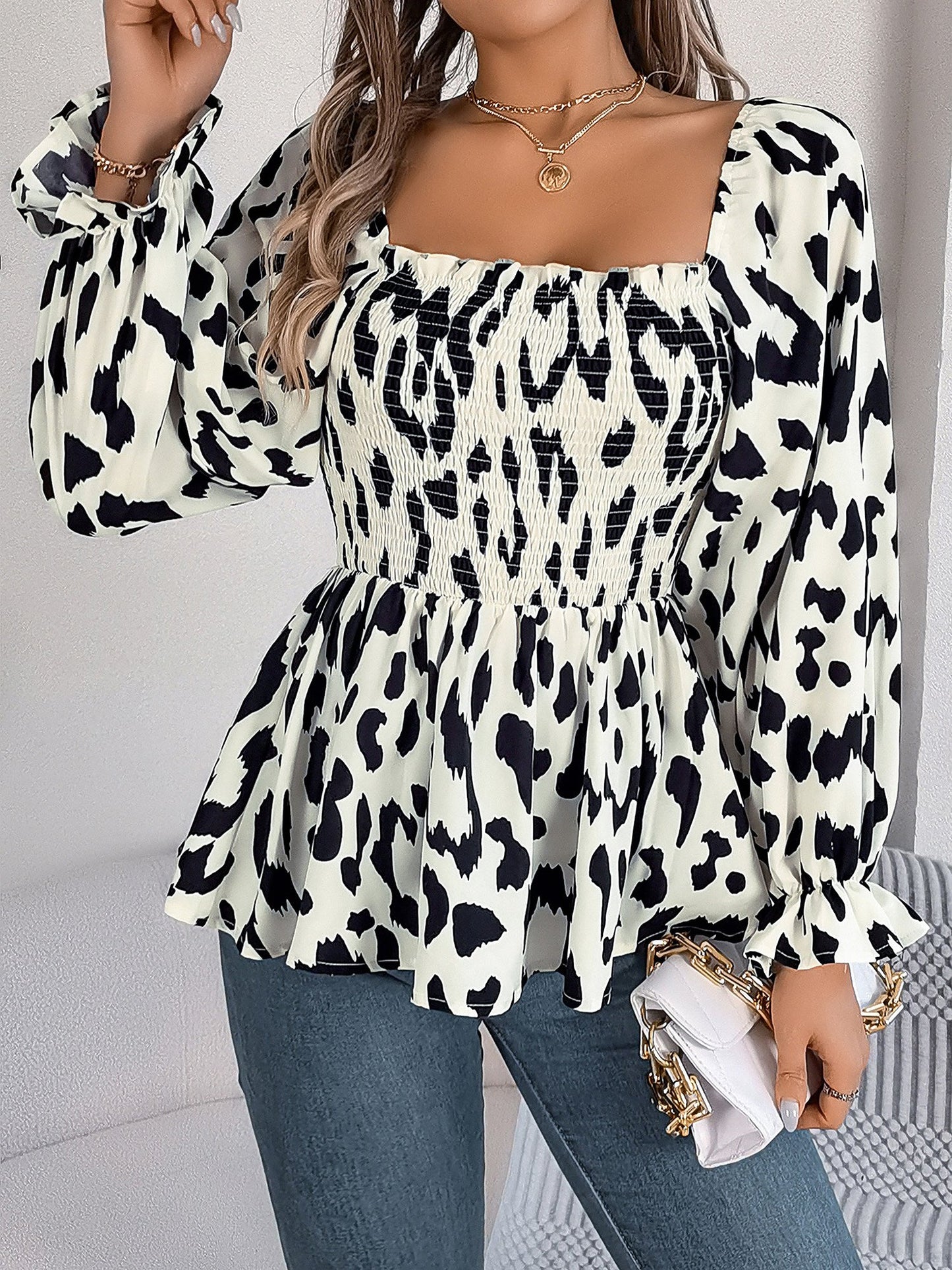 Square Neck Leopard Print Smocked Peplum Blouse
