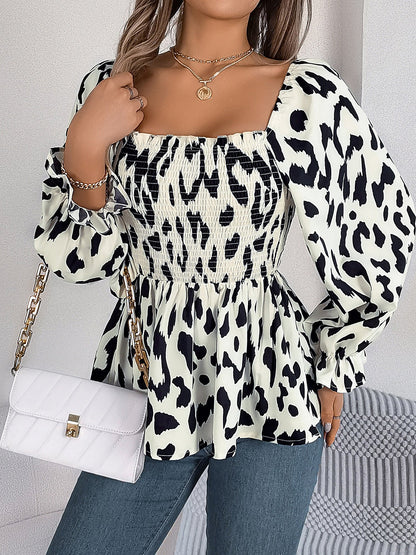 Square Neck Leopard Print Smocked Peplum Blouse