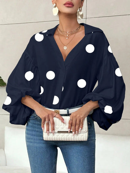 Collar V Neck Polka Dot Puff Long Sleeves Casual Blouse