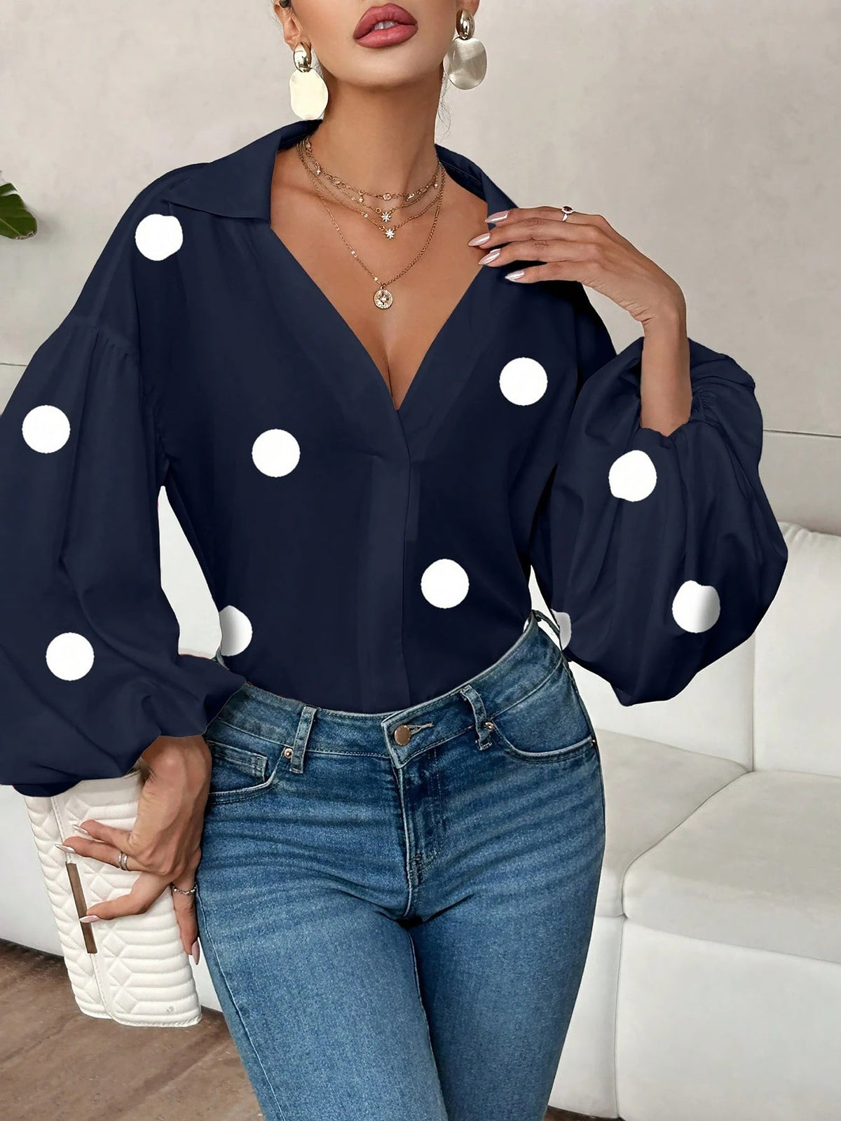 Collar V Neck Polka Dot Puff Long Sleeves Casual Blouse