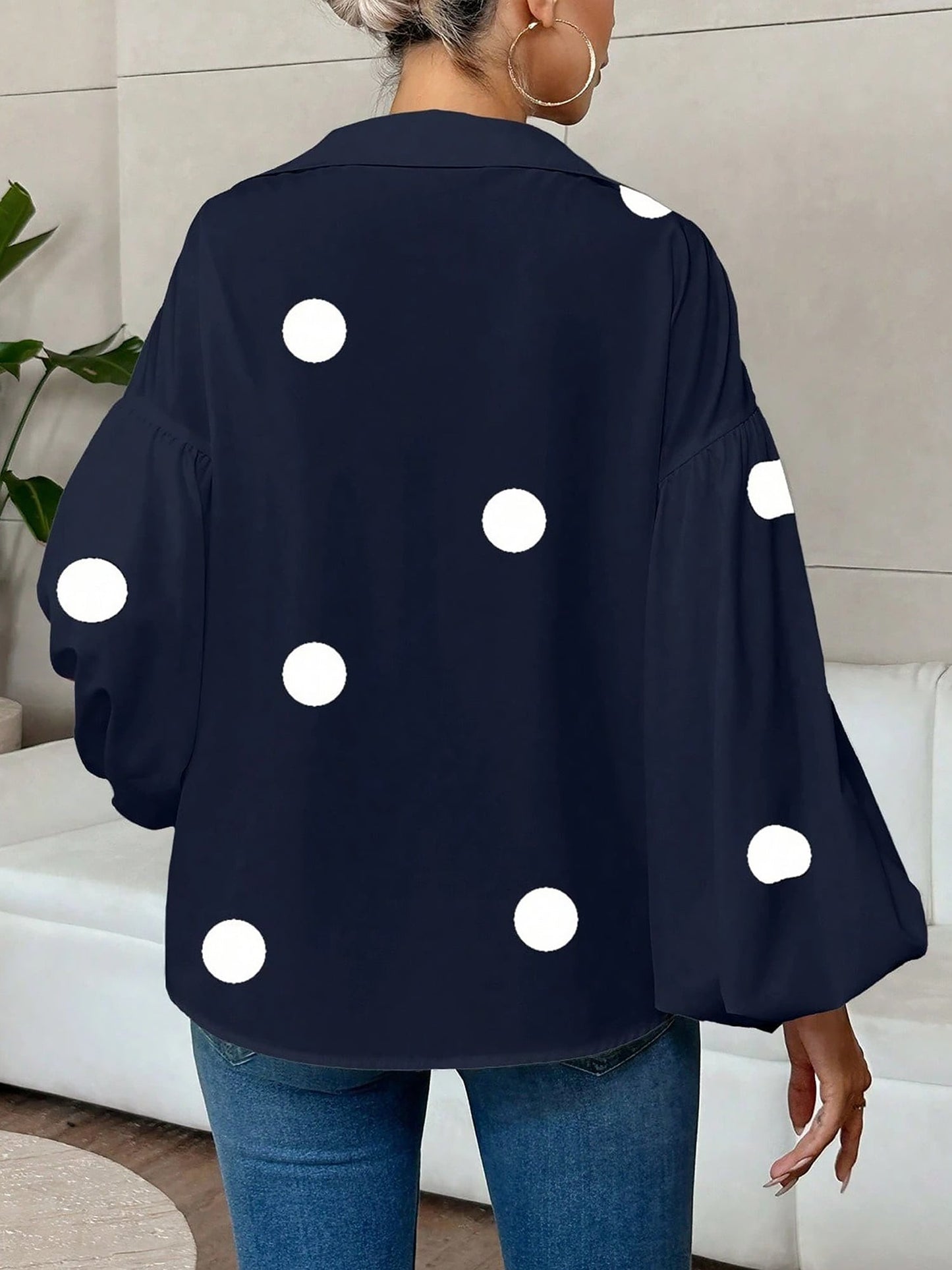 Collar V Neck Polka Dot Puff Long Sleeves Casual Blouse