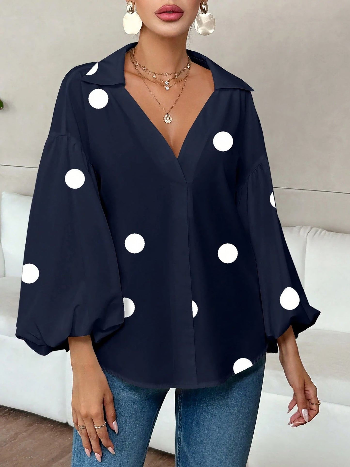 Collar V Neck Polka Dot Puff Long Sleeves Casual Blouse