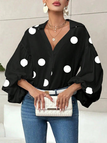 Collar V Neck Polka Dot Puff Long Sleeves Casual Blouse