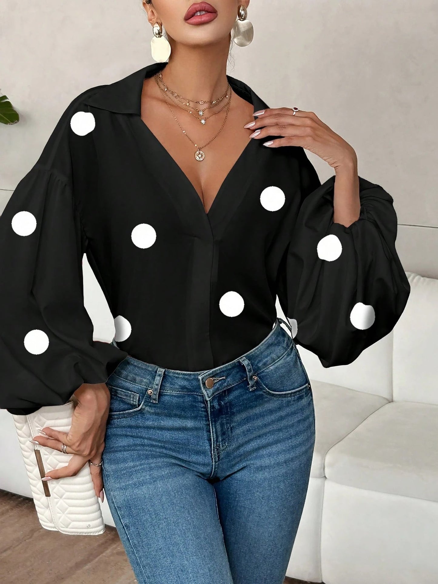 Collar V Neck Polka Dot Puff Long Sleeves Casual Blouse