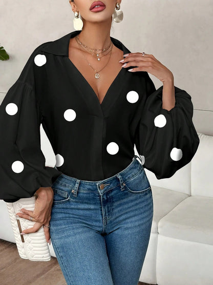 Collar V Neck Polka Dot Puff Long Sleeves Casual Blouse