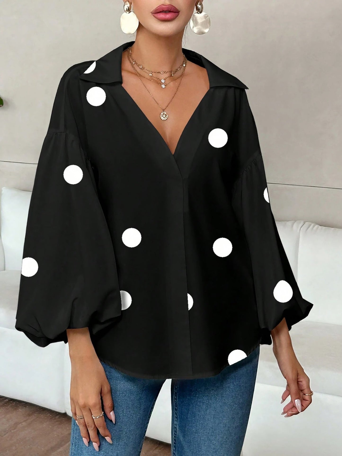 Collar V Neck Polka Dot Puff Long Sleeves Casual Blouse