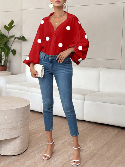 Collar V Neck Polka Dot Puff Long Sleeves Casual Blouse