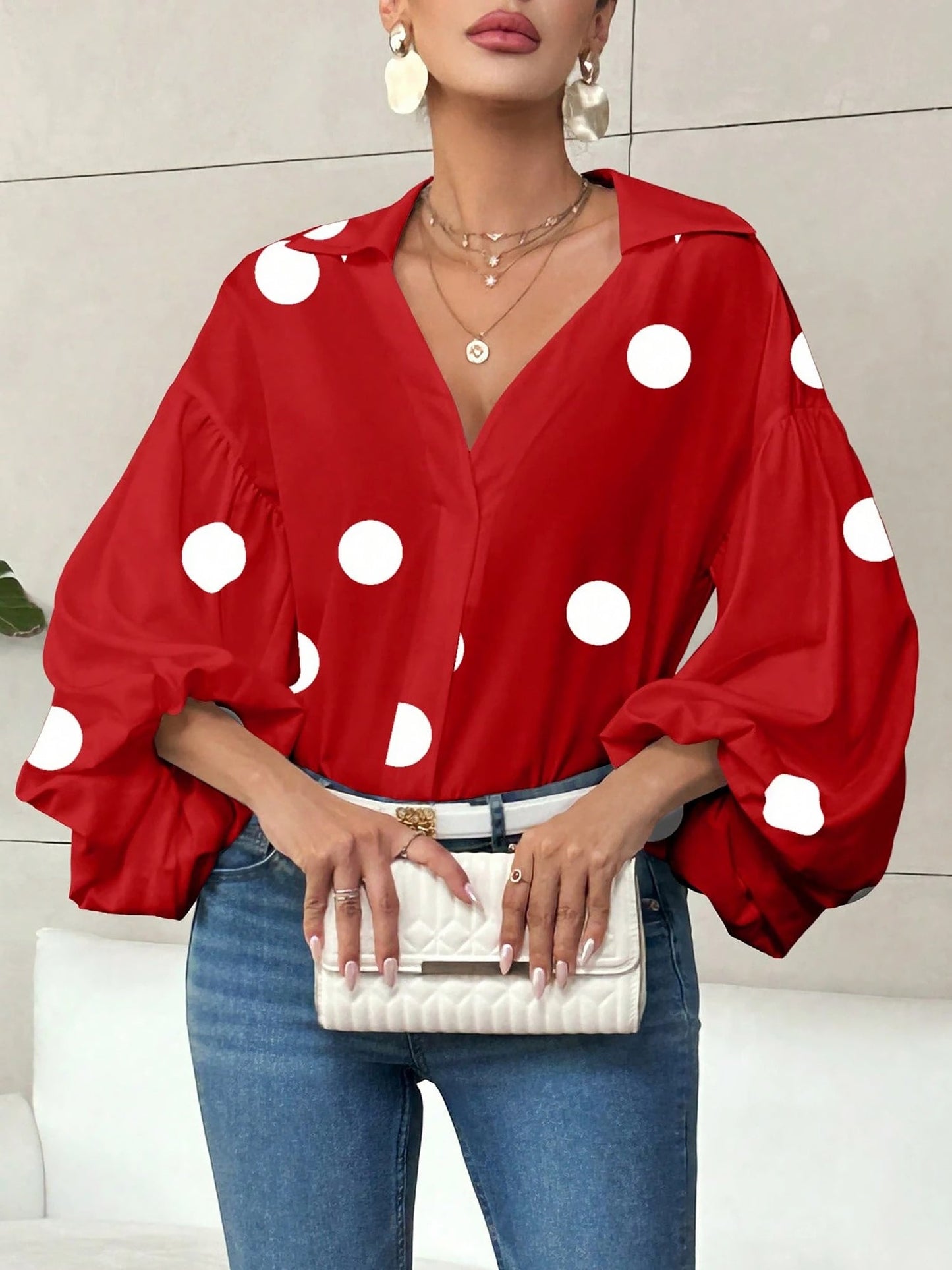 Collar V Neck Polka Dot Puff Long Sleeves Casual Blouse