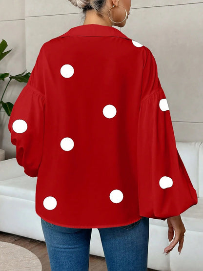 Collar V Neck Polka Dot Puff Long Sleeves Casual Blouse
