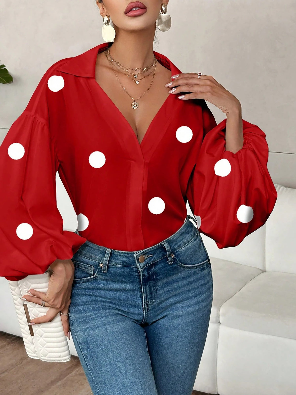 Collar V Neck Polka Dot Puff Long Sleeves Casual Blouse