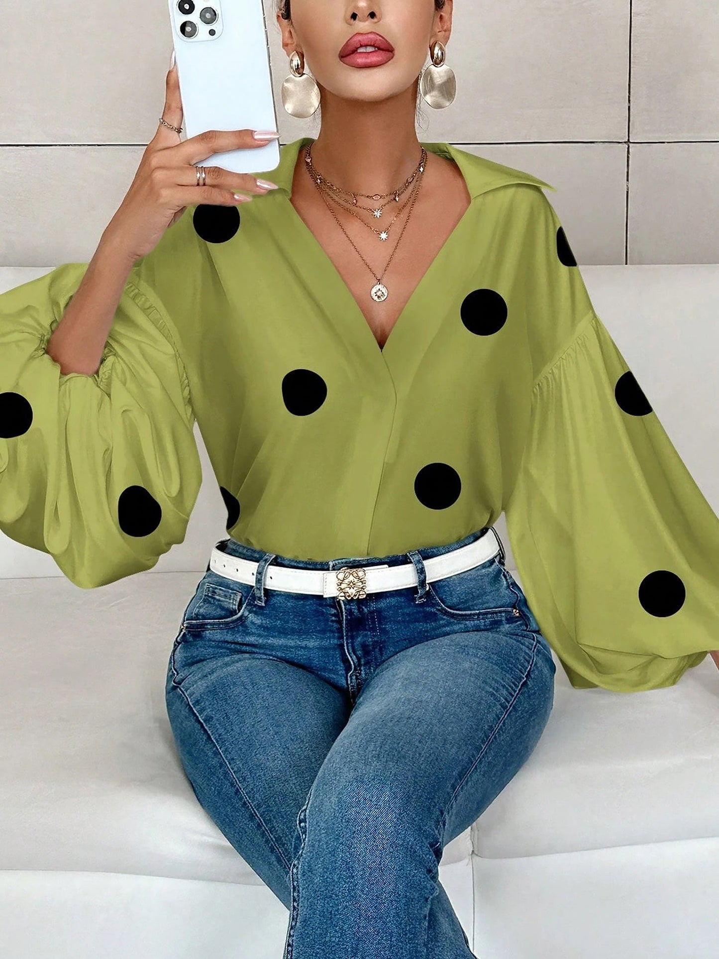 Collar V Neck Polka Dot Puff Long Sleeves Casual Blouse