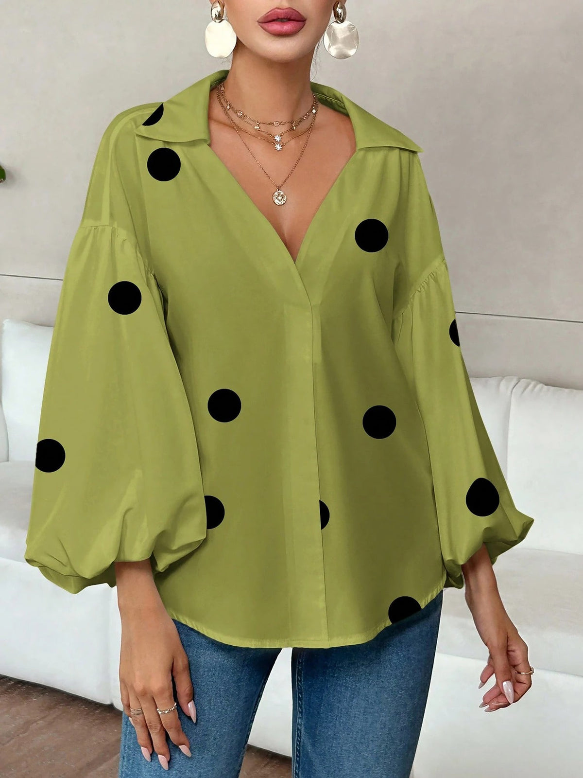 Collar V Neck Polka Dot Puff Long Sleeves Casual Blouse