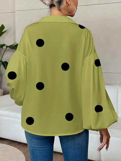 Collar V Neck Polka Dot Puff Long Sleeves Casual Blouse