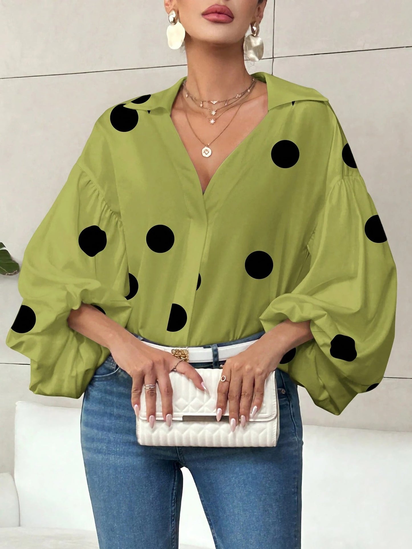 Collar V Neck Polka Dot Puff Long Sleeves Casual Blouse