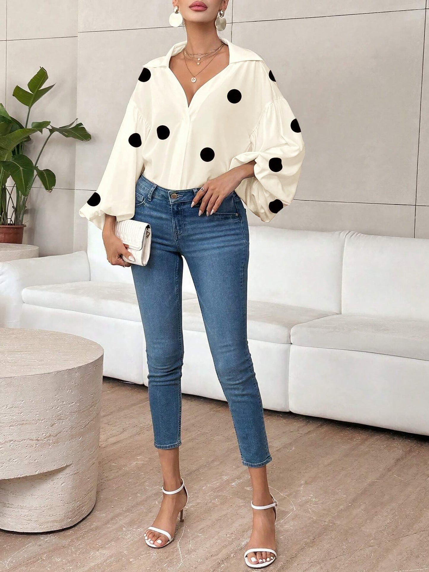 Collar V Neck Polka Dot Puff Long Sleeves Casual Blouse