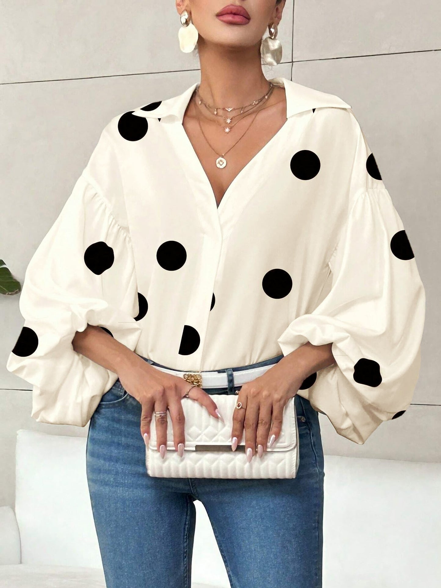 Collar V Neck Polka Dot Puff Long Sleeves Casual Blouse